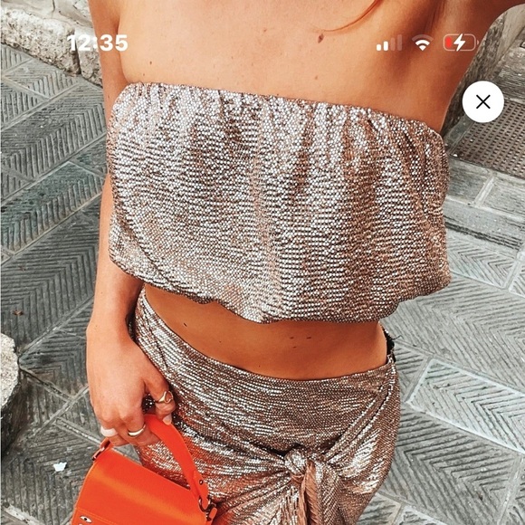 Show Me Your MuMu Tops - Show Me Your MuMu brown sliver metallic strapless top size xl